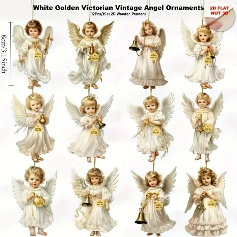 Vintage Christmas Angel Ornaments – 12pcs Wooden Hanging Decor