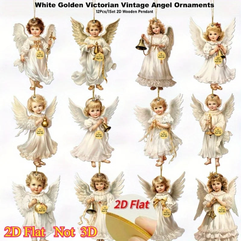 Vintage Christmas Angel Ornaments – 12pcs Wooden Hanging Decor