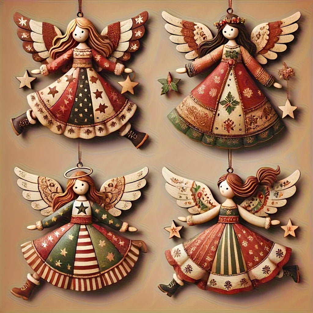 Vintage Wooden Angel Christmas Ornaments – 4pcs Handmade Set