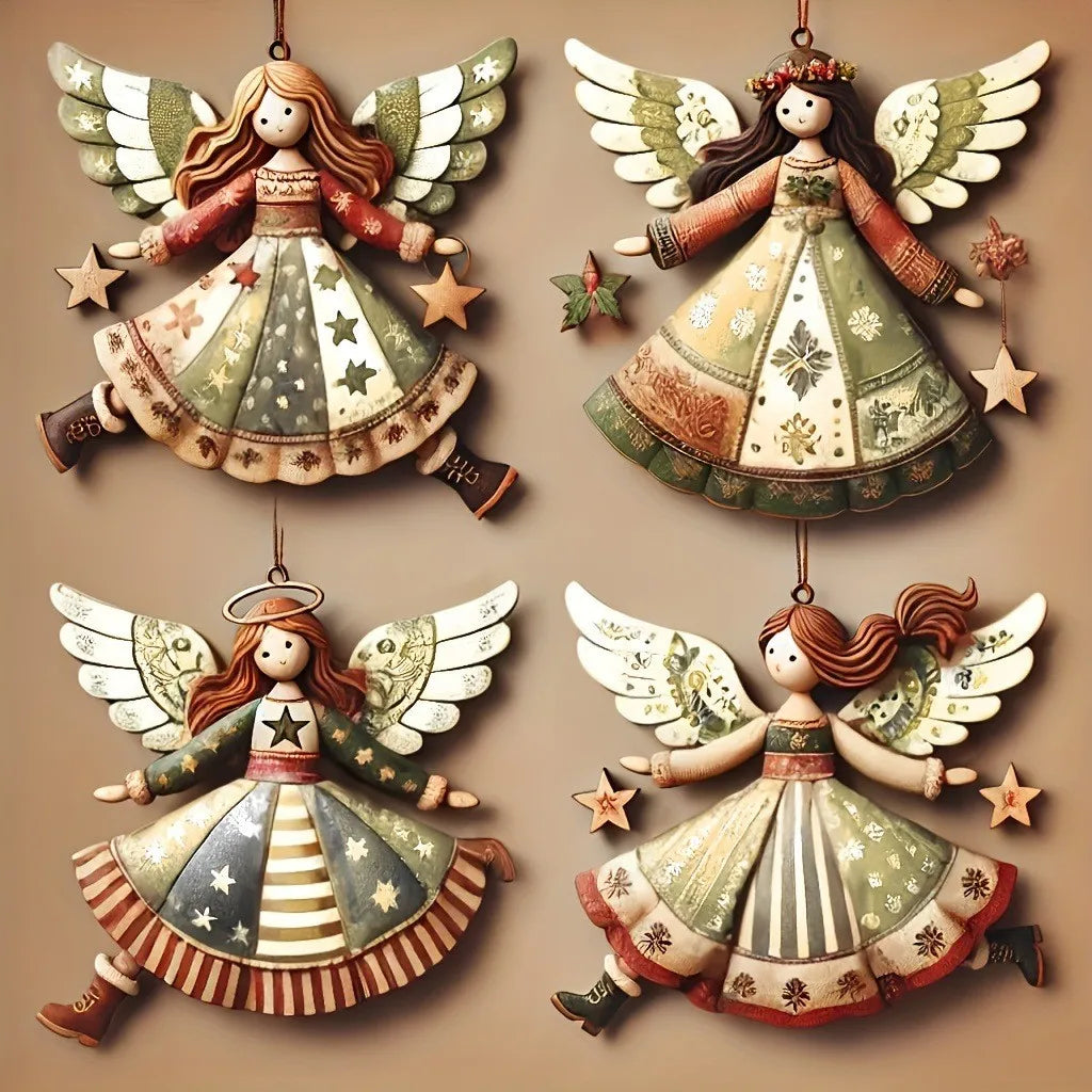 Vintage Angel Christmas Ornaments – 4pcs Fantasy Wooden Set