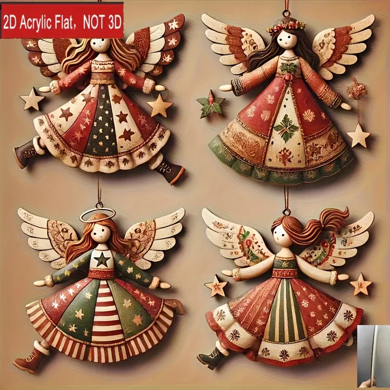 Vintage Wooden Angel Christmas Ornaments – 4pcs Handmade Set