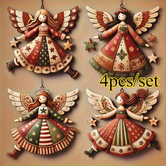 Vintage Wooden Angel Christmas Ornaments – 4pcs Handmade Set