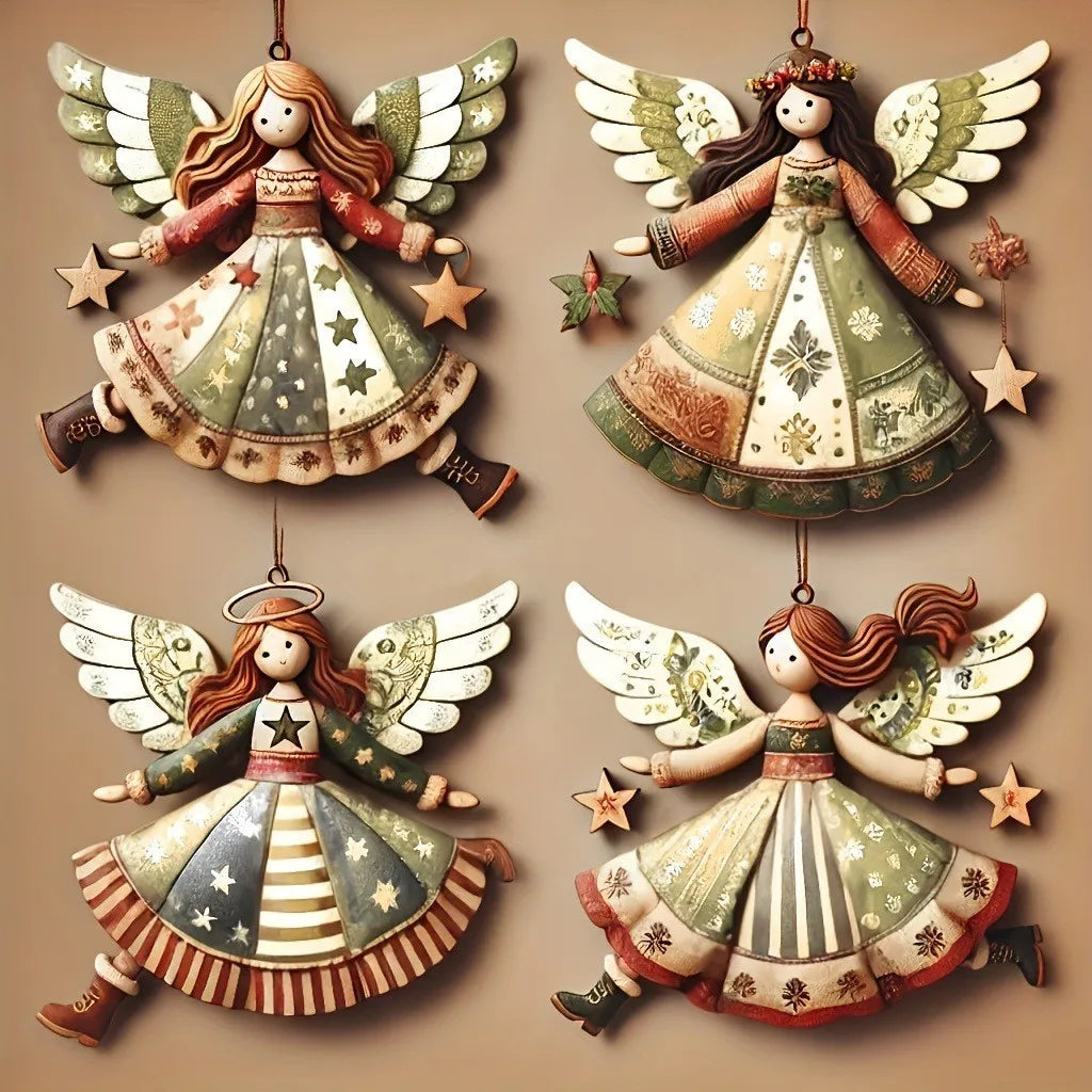 Vintage Angel Christmas Ornaments – 4pcs Fantasy Wooden Set