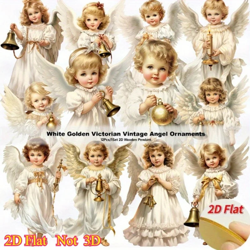Vintage Christmas Angel Ornaments – 12pcs Wooden Hanging Decor