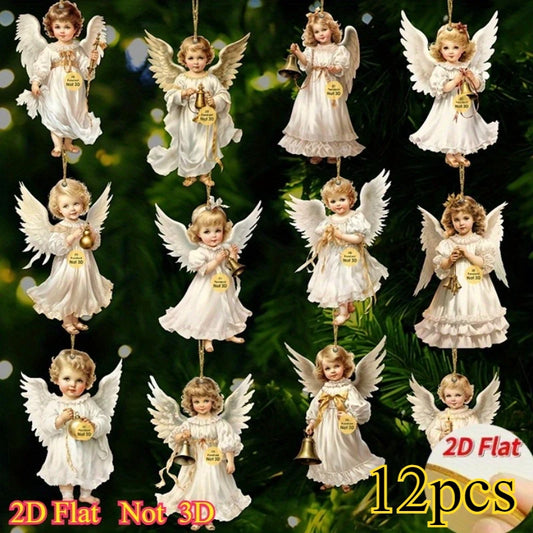 Vintage Christmas Angel Ornaments – 12pcs Wooden Hanging Decor